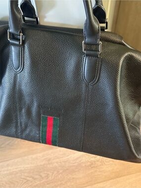 Black Genuine Leather Weekender Bag with Green-Red Stripe